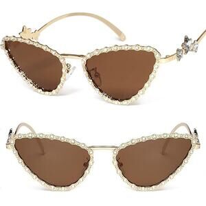 Petite Rhinestone Cat Eye Sunglasses with Gold Frame & Brown Lenses, 90s Bling